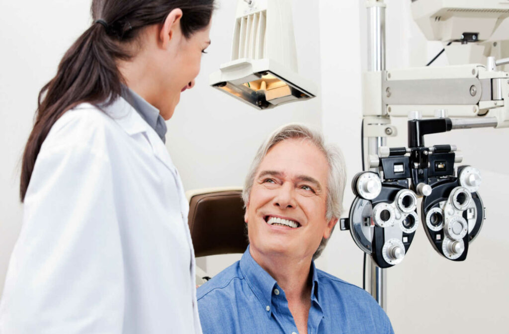 A patient visiting his eye doctor for a follow up appointment after laser cataract surgery.