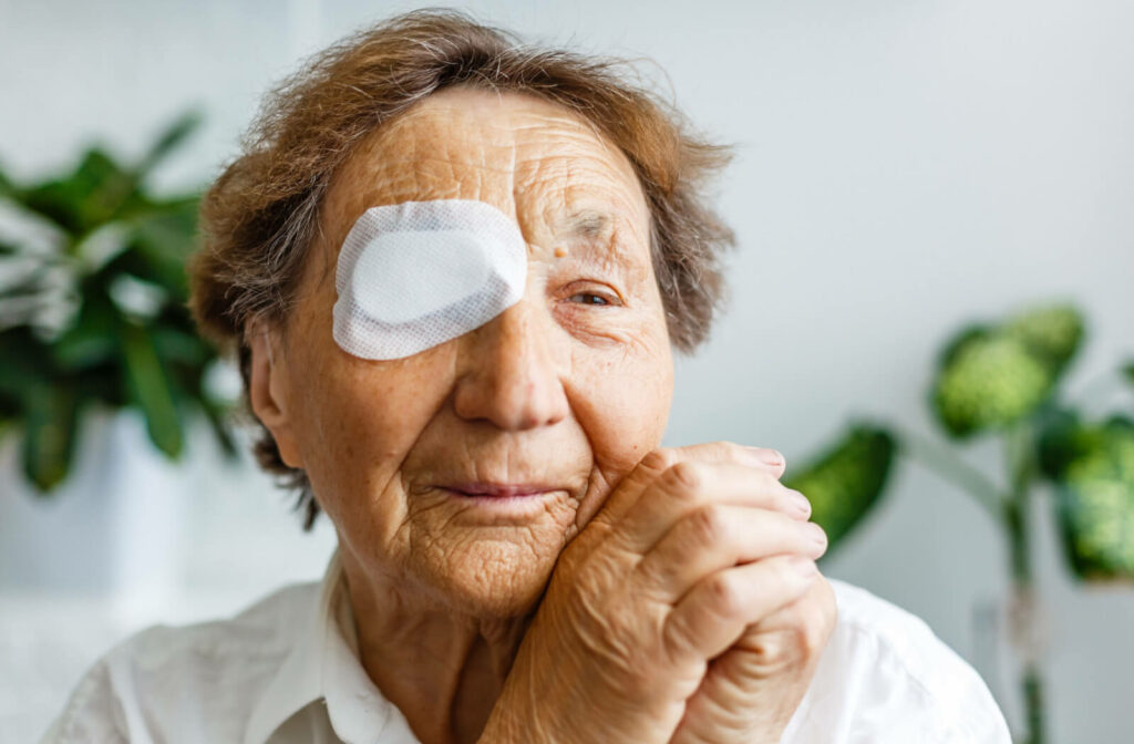 An elderly woman is using an eye patch after cataract surgery.